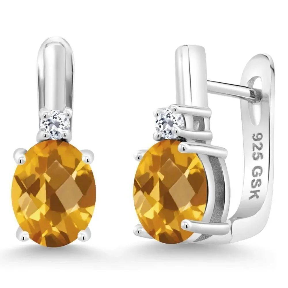 925 Sterling Silver with 3.36 Cttw Madeira Citrine and White Topaz Oval Earrings